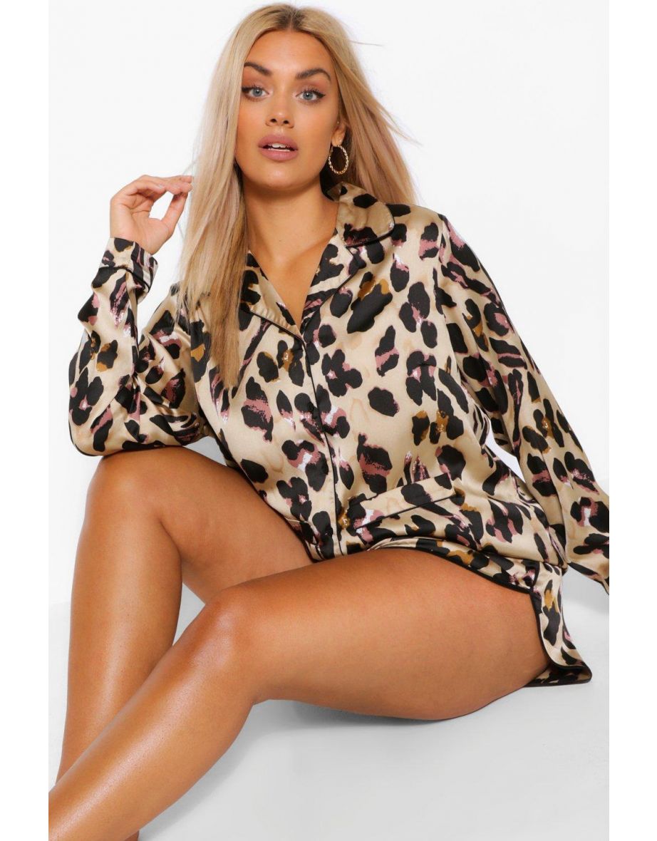 Plus Leopard Shirt and Short PJ Set - brown