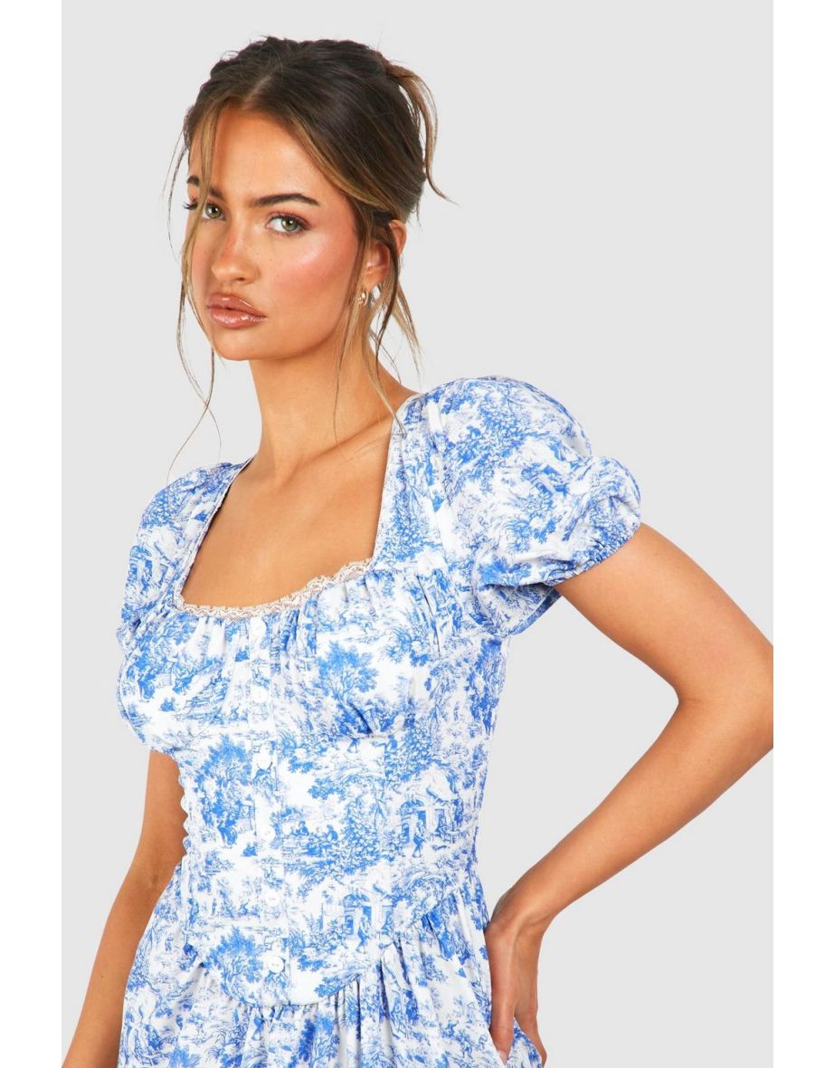 Porcelain Puff Sleeve Milkmaid Dress - blue - 3