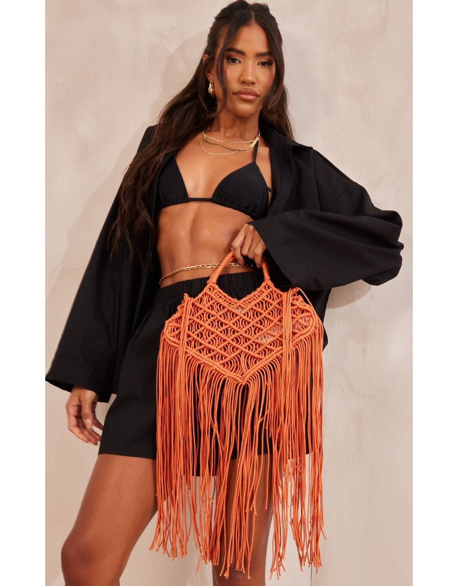 Bright Orange Macrame Tassel Beach Bag