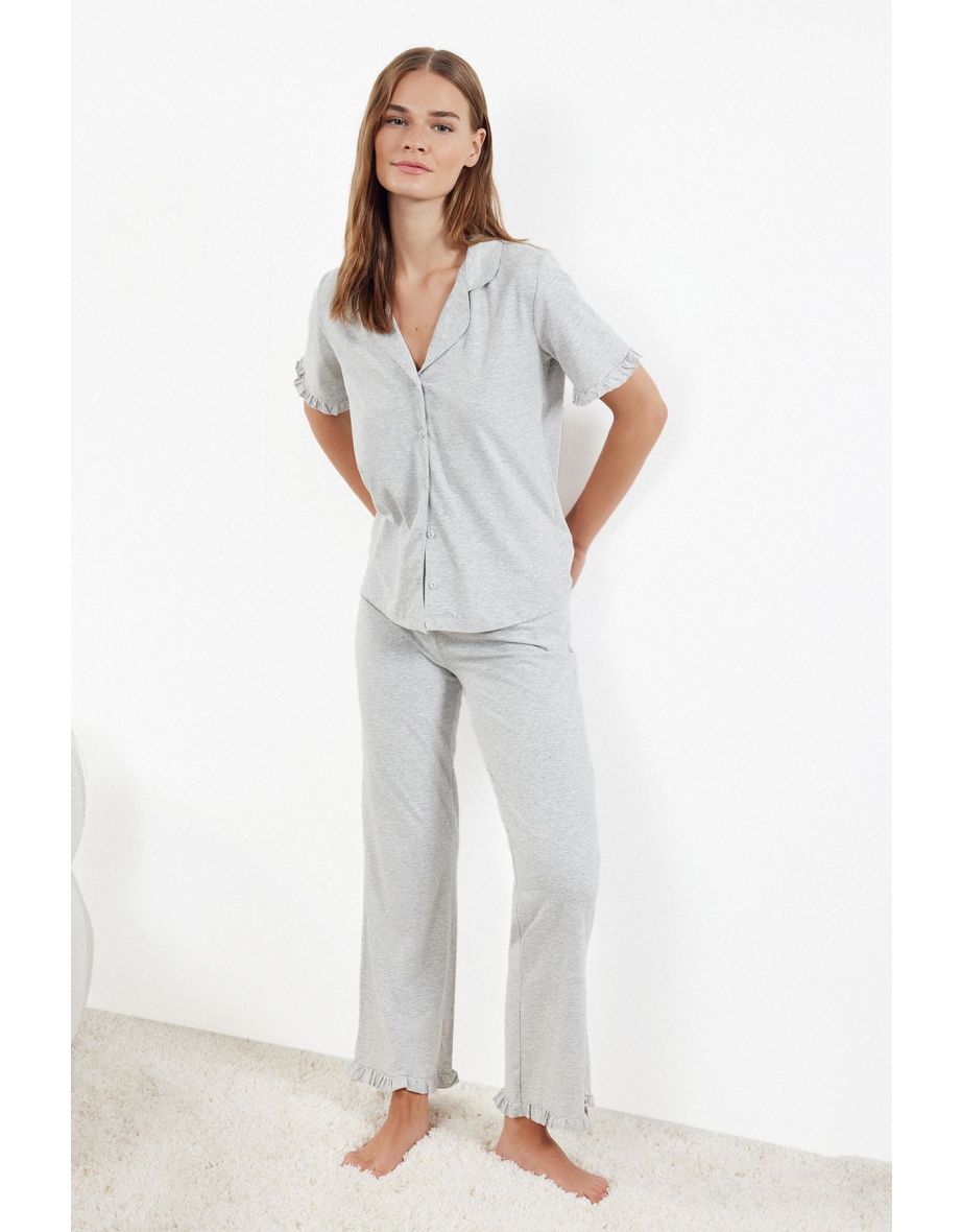 Gray Melange 100% Cotton Solid Ruffle Single Jersey Knitted Pajama Set THMSS24PT00223