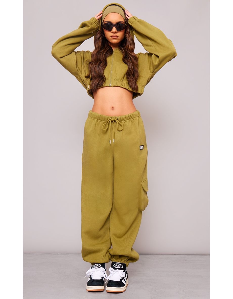 Shop PRETTYLITTLETHING Olive Badge Straight Leg Cargo Joggers Online in Qatar VogaCloset