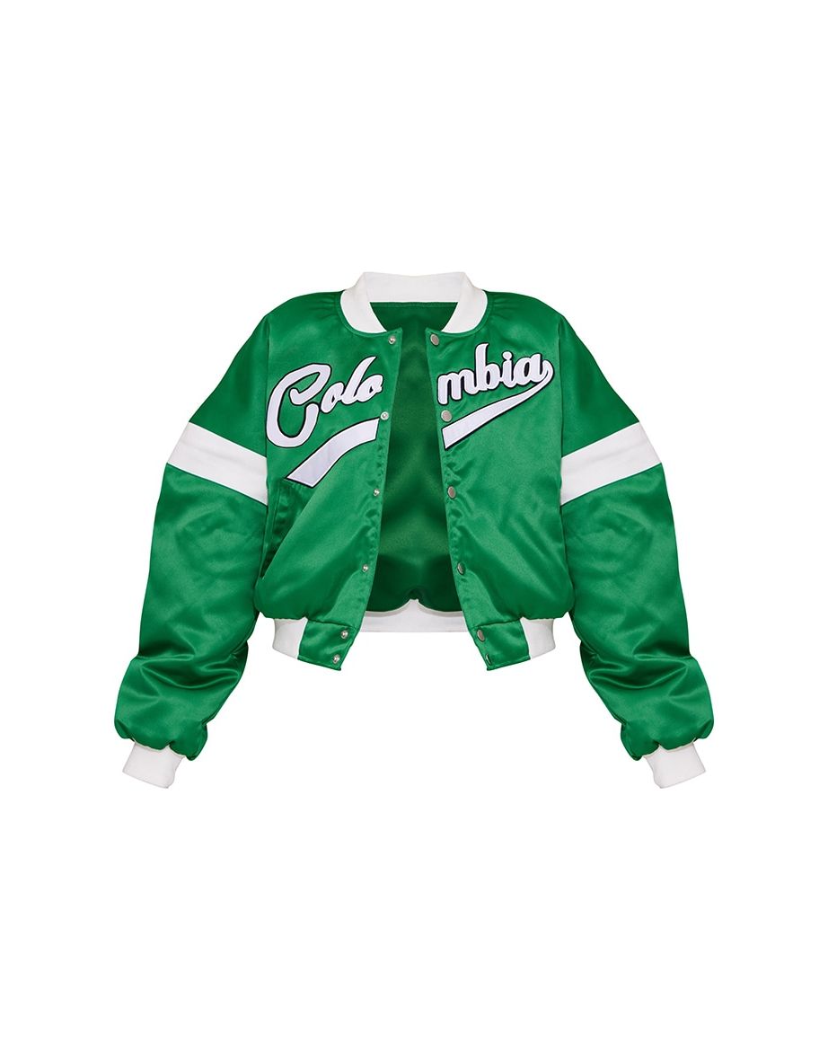 Petite Bright Green Varsity Slogan Front Oversized Bomber Jacket - 4