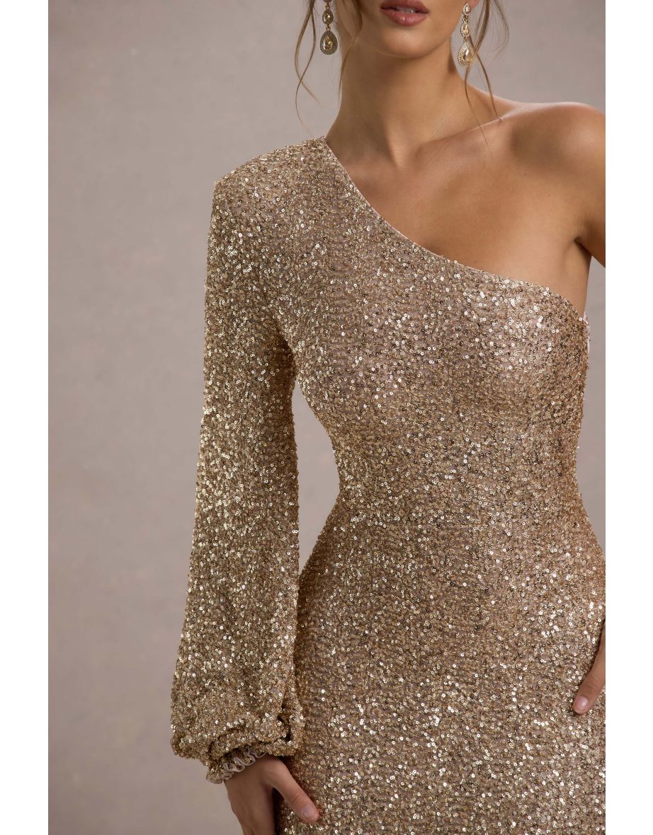 Aven | Gold Sequin Asymmetric Puff-Sleeve Maxi Dress - 5