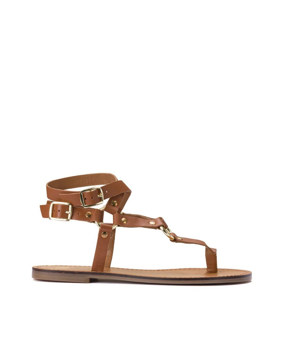 Leather Flat Sandals with Ankle Straps