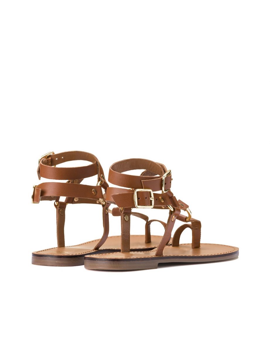 Leather Flat Sandals with Ankle Straps - 3