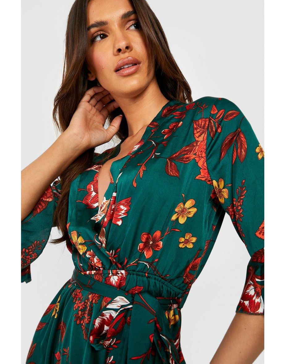 Satin Floral Print Ruffle Skater Dress - green - 3
