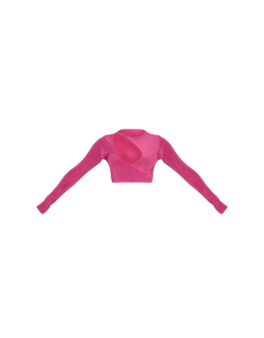 Hot Pink Slinky Cut Out Wrap Long Sleeve Crop Top - 4
