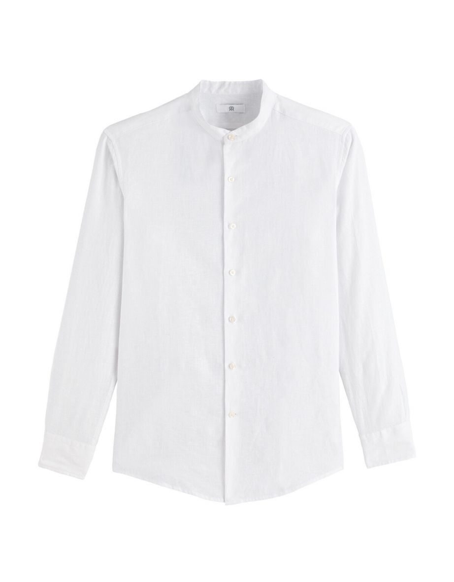 Linen Mandarin Collar Shirt, Regular Fit with Long Sleeves - 4