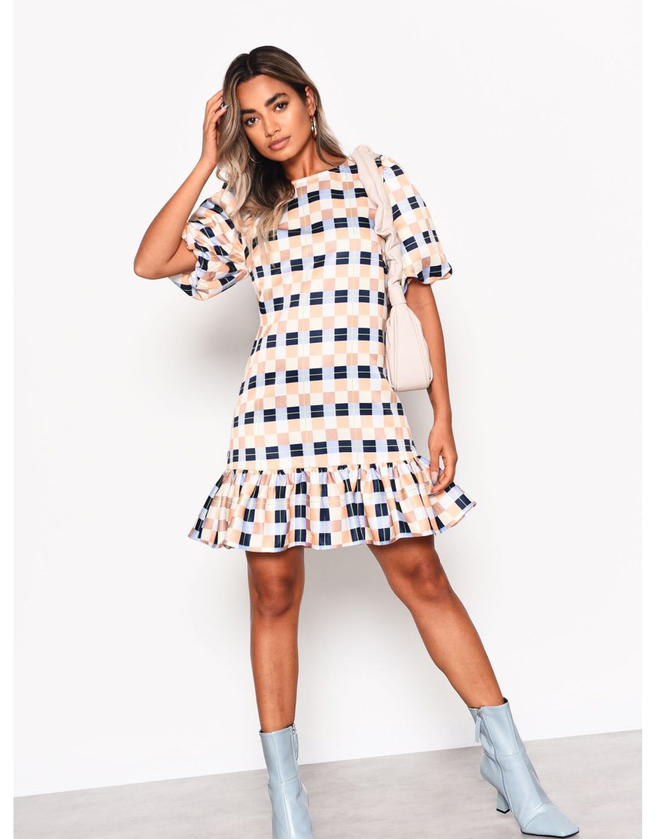 Peach Multi Check Ruffle Hem Mini Dress