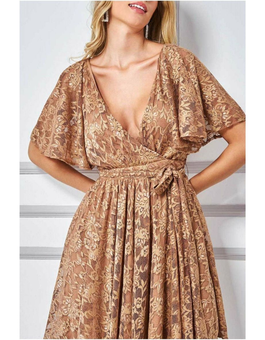 Goddiva Lace Kimono Wrap Skater Mini Dress - Tan - 3