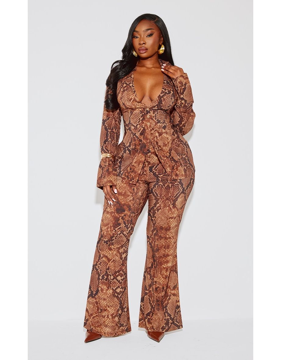 Plus Snake Print Chiffon Flare Trousers