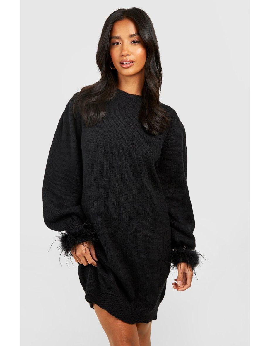 Black Petite Column Mini Jumper Dress with Long Sleeve