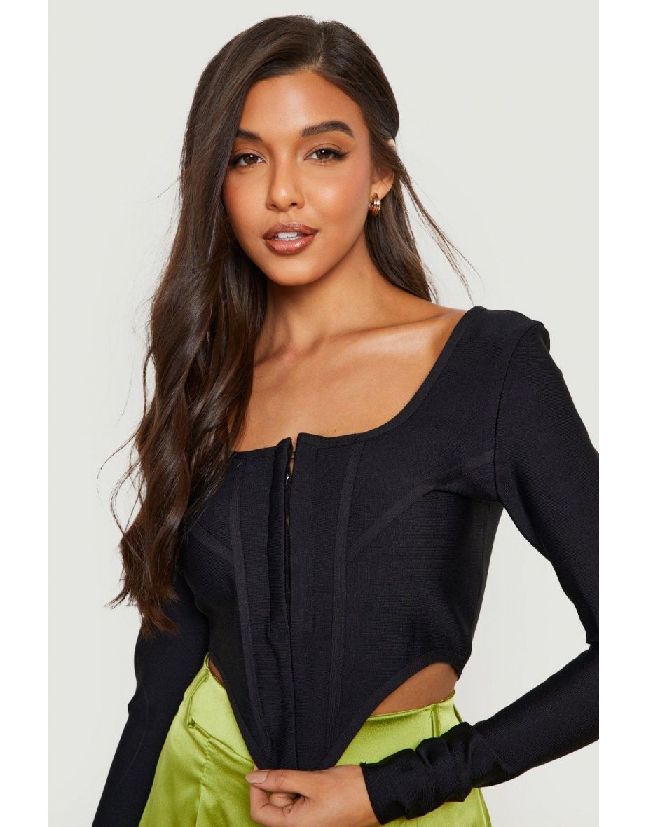 Bandage Long Sleeve Hook And Eye Corset Top - black - 3