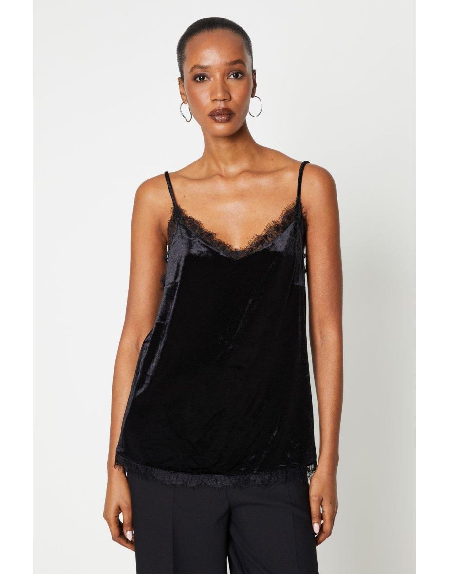 Velvet Lace Trim Cami Top - black