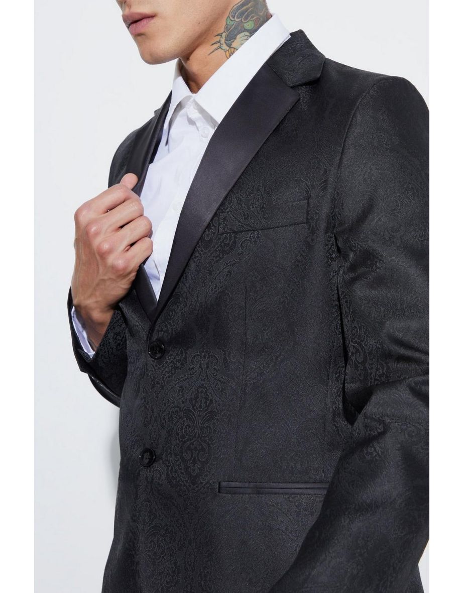 Slim Fit Contrast Lapel Jacquard Suit Jacket - black - 2