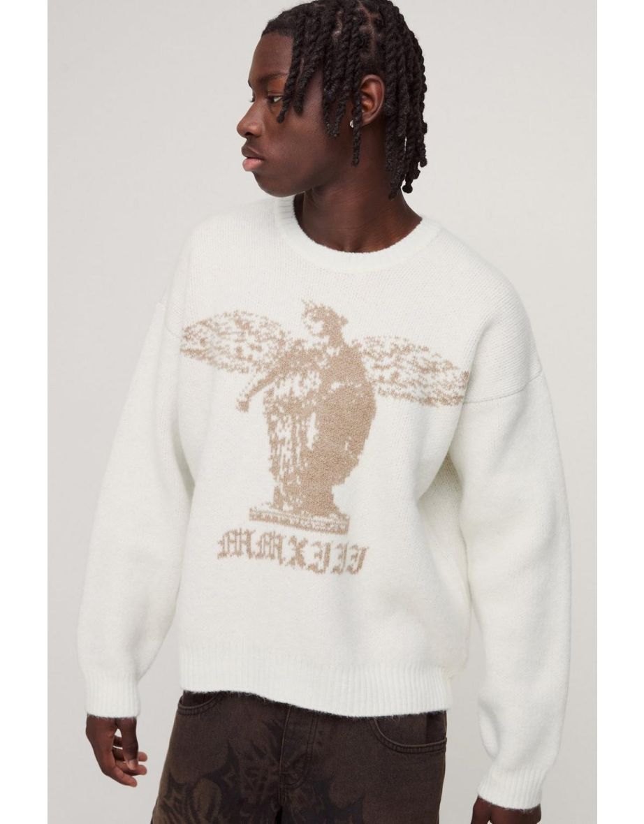 Oversized Boxy Brushed Gothic Graphic Knitted Jumper - ecru