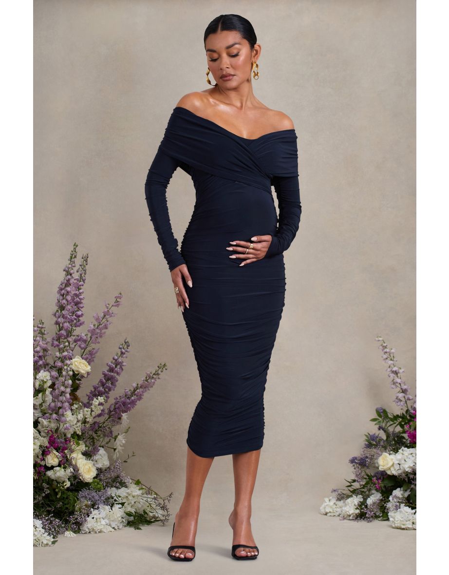 Davina | Navy Ruched Twist Bardot Long-Sleeve Maternity Midi Dress - 4