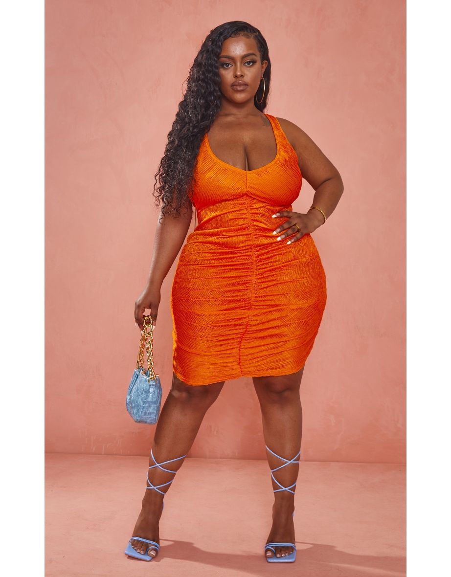 Orange ruched hotsell bodycon dress