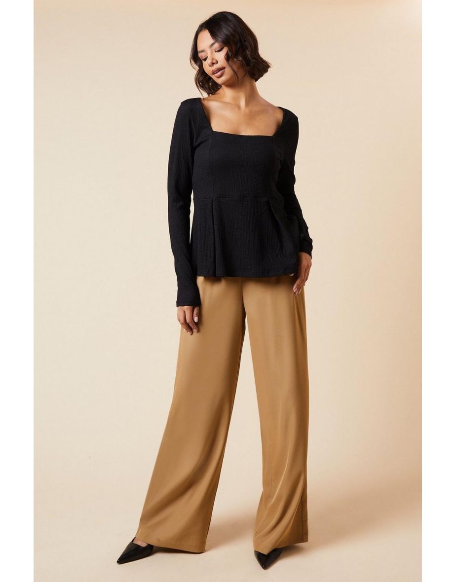 Tall Black Pleated Front peplum long sleeve top