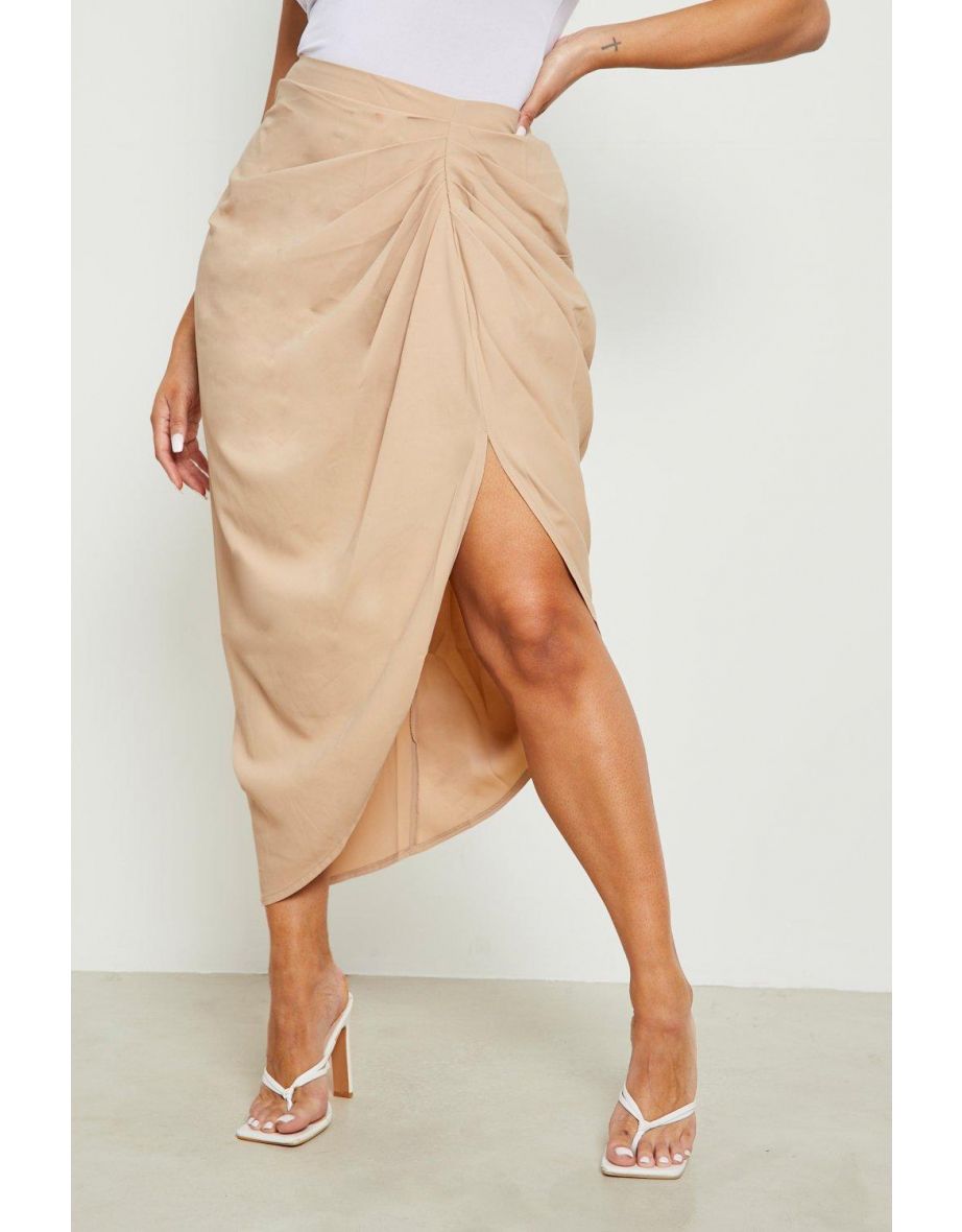 Plus Woven Ruched Front And Back Midi Skirt - light stone - 3