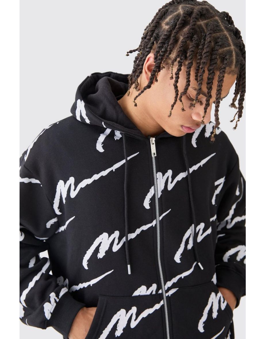 Man Signature All Over Print Boxy Zip Through Hoodie - black - 2