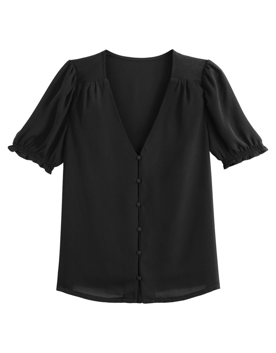 V-Neck Blouse with Short Puff Sleeves - 4