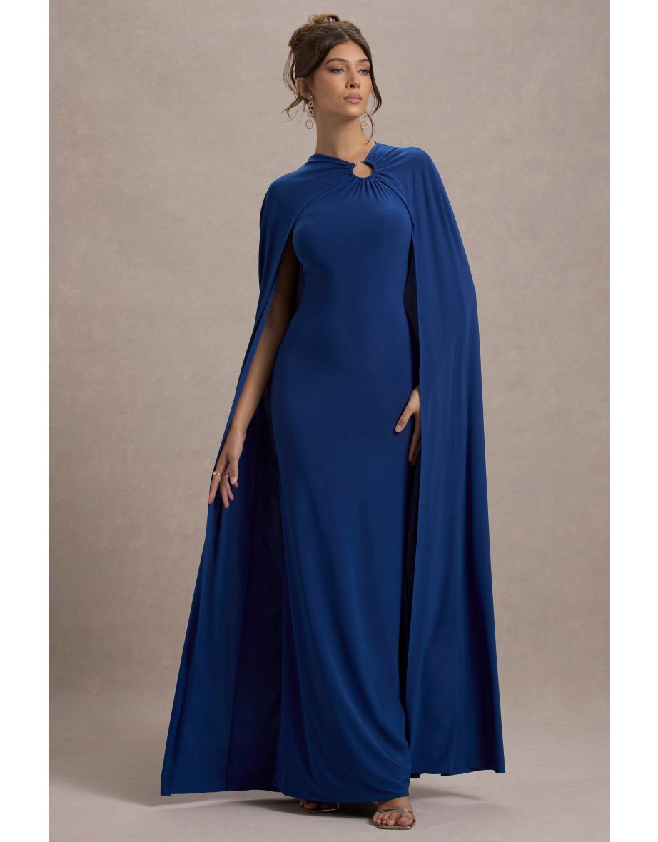 Aliza | Royal Blue Cape Maxi Dress With Gold Ring - 6