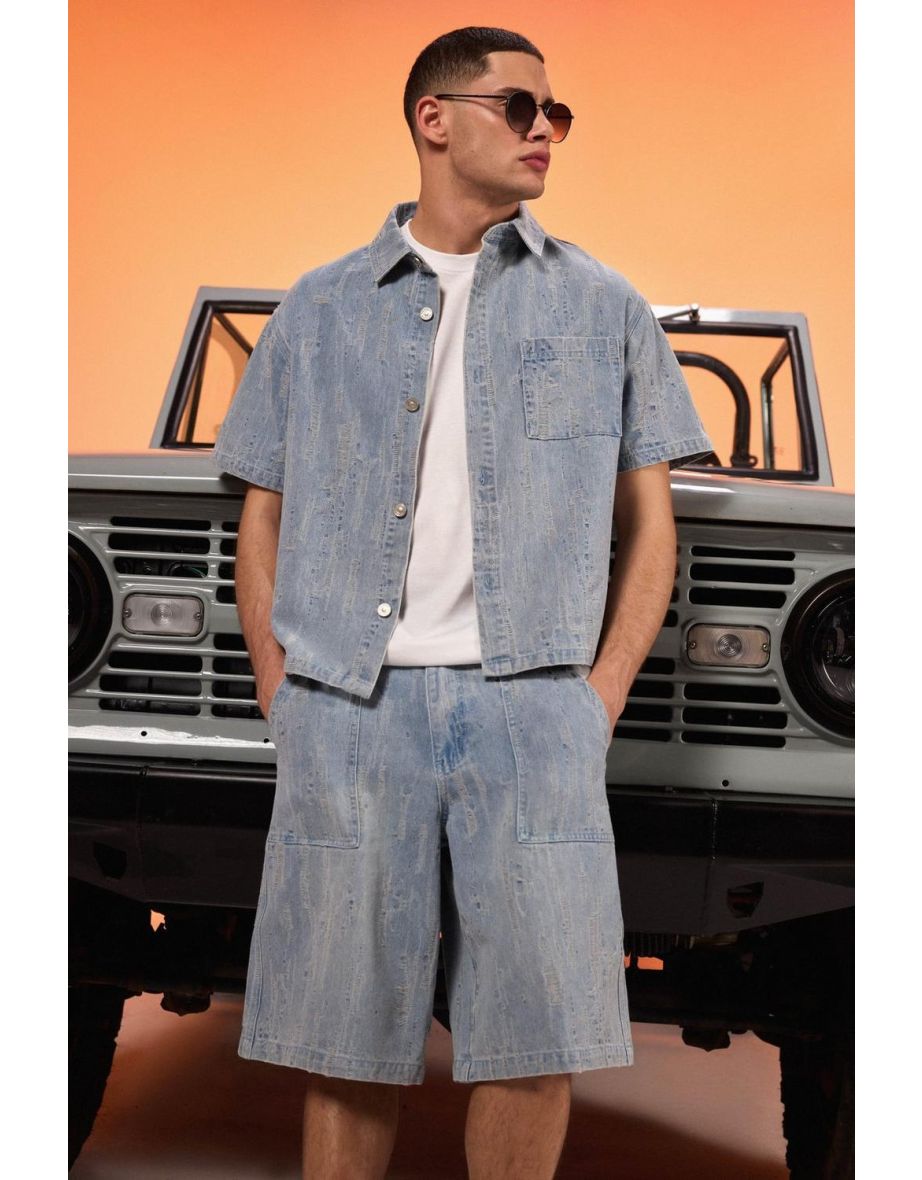 Boxy Collared Distressed Denim Shirt