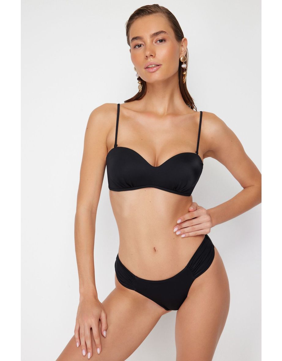 Black Strapless Gathered Bikini Top