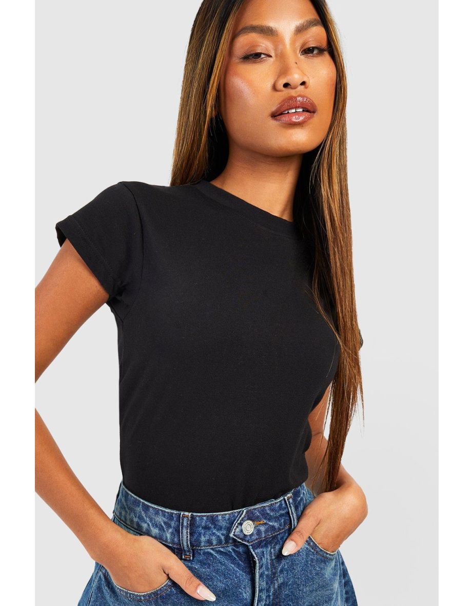 Basic Cotton Cap Sleeve Fitted T-shirt - black - 3