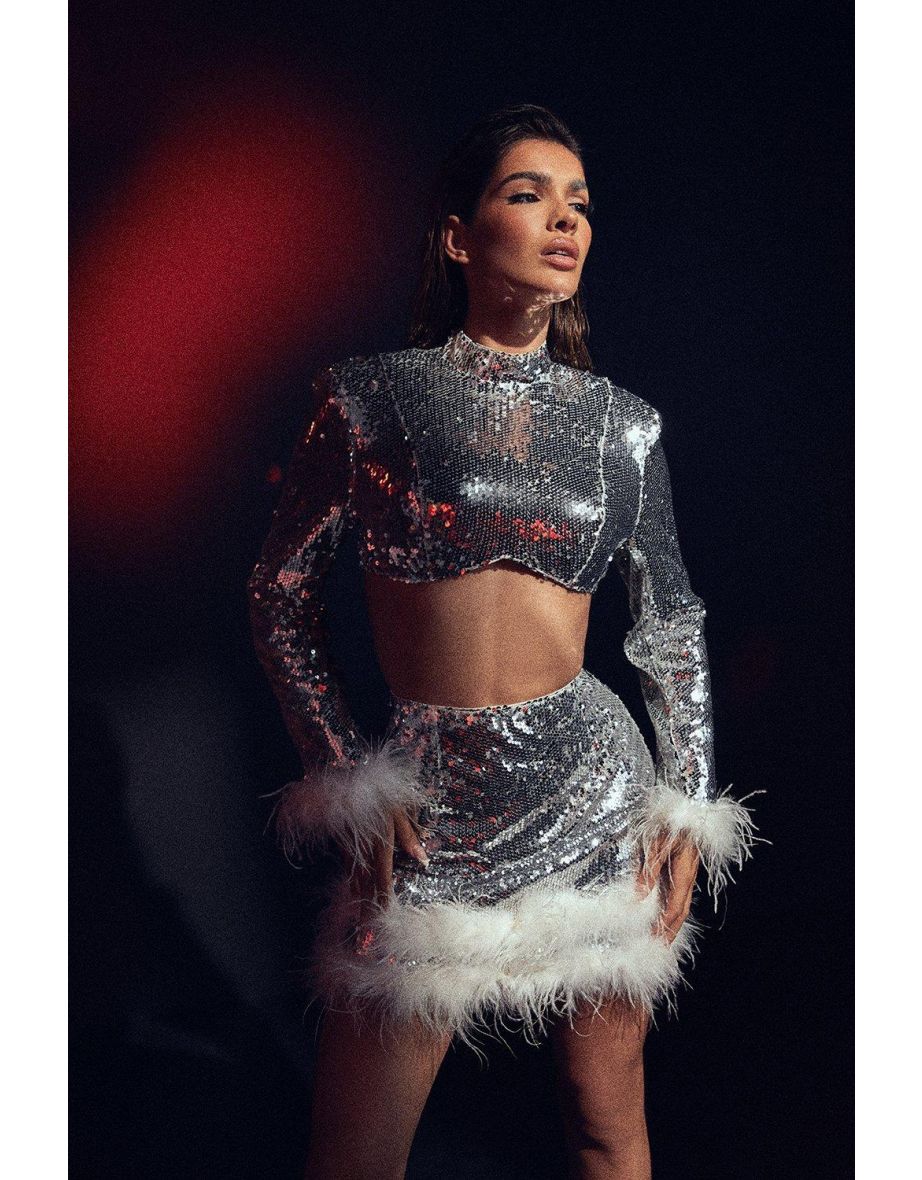Premium Sequin High Neck Feather Detail Top - 3