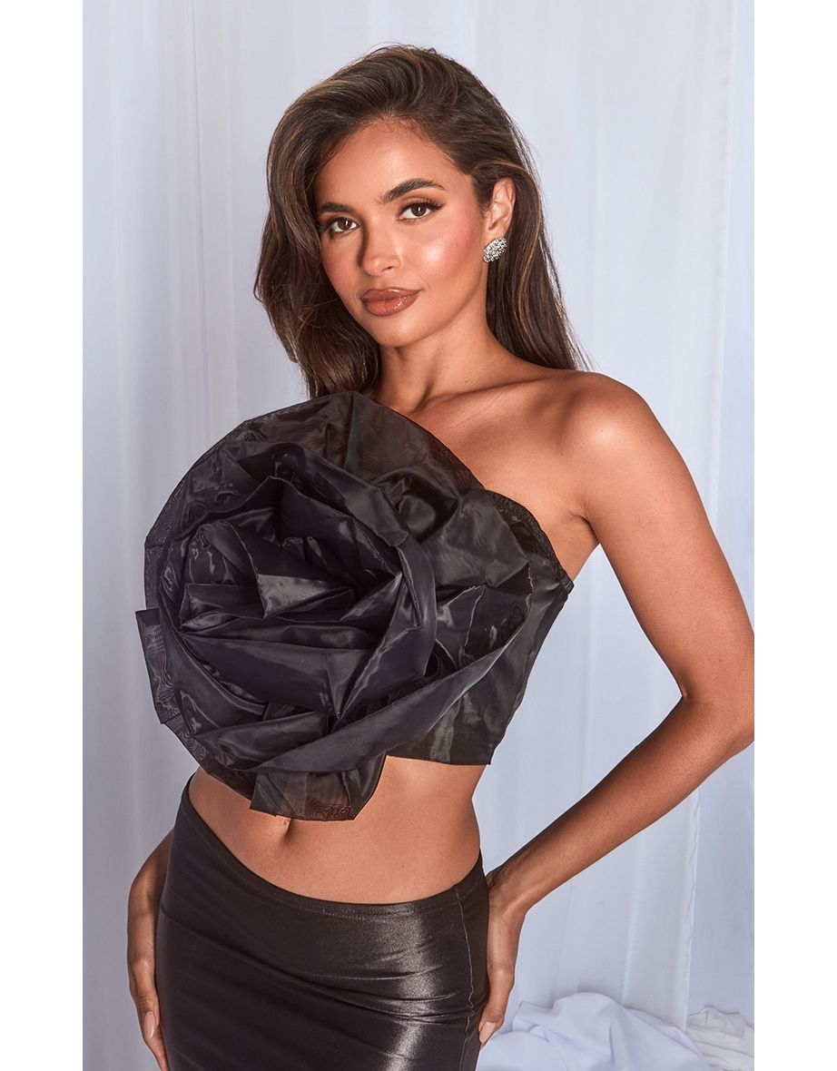 Black Organza Flower Applique Bandeau Top