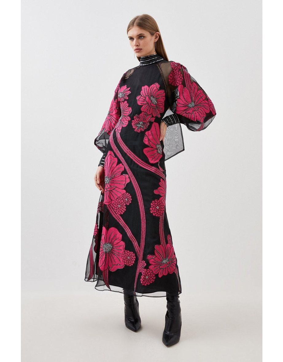 Applique Organdie Floral Graphic Woven Maxi Dress