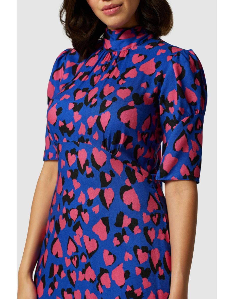 Closet London Blue Heart Print Tie Back A-Line Midi Dress - 4