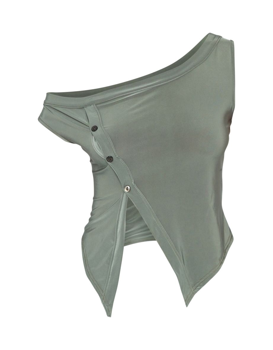 Tall Dark Khaki Slinky Off Shoulder Button Top - 4