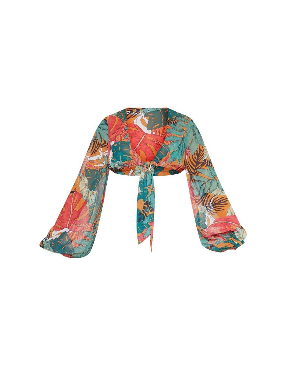 Orange Big Leaf  Tie Front Beach Top