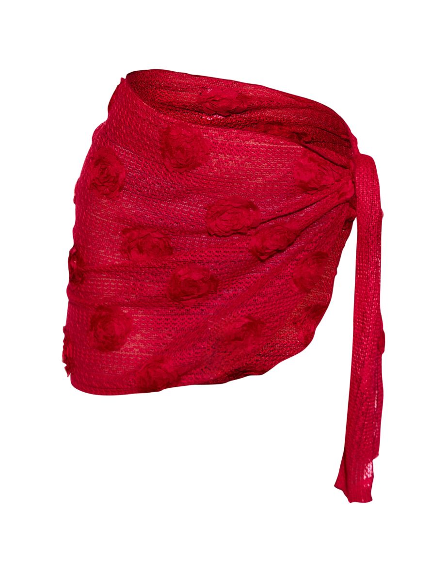 Red Textured Flower Trim Beach Sarong - 5