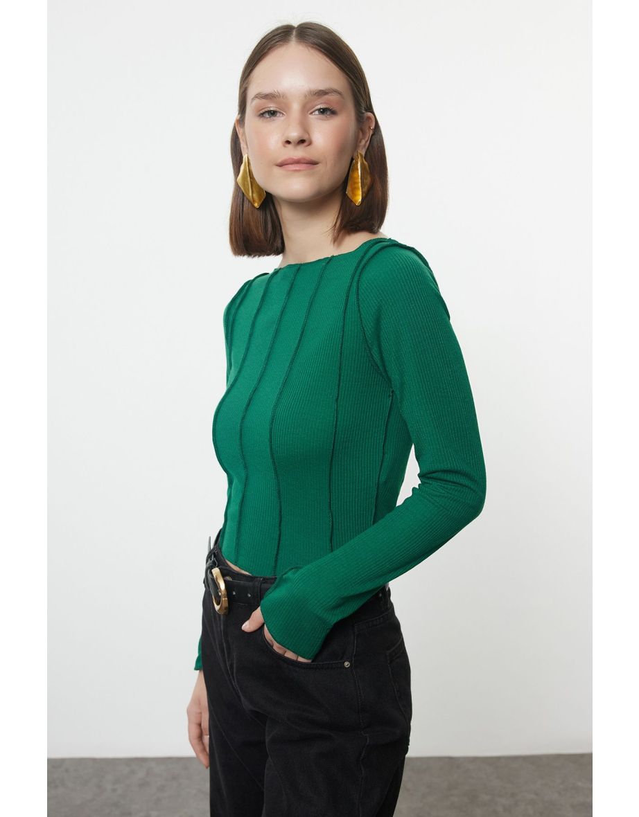 Emerald Green Stitching Detailed Carmen Collar Fitted Blouse