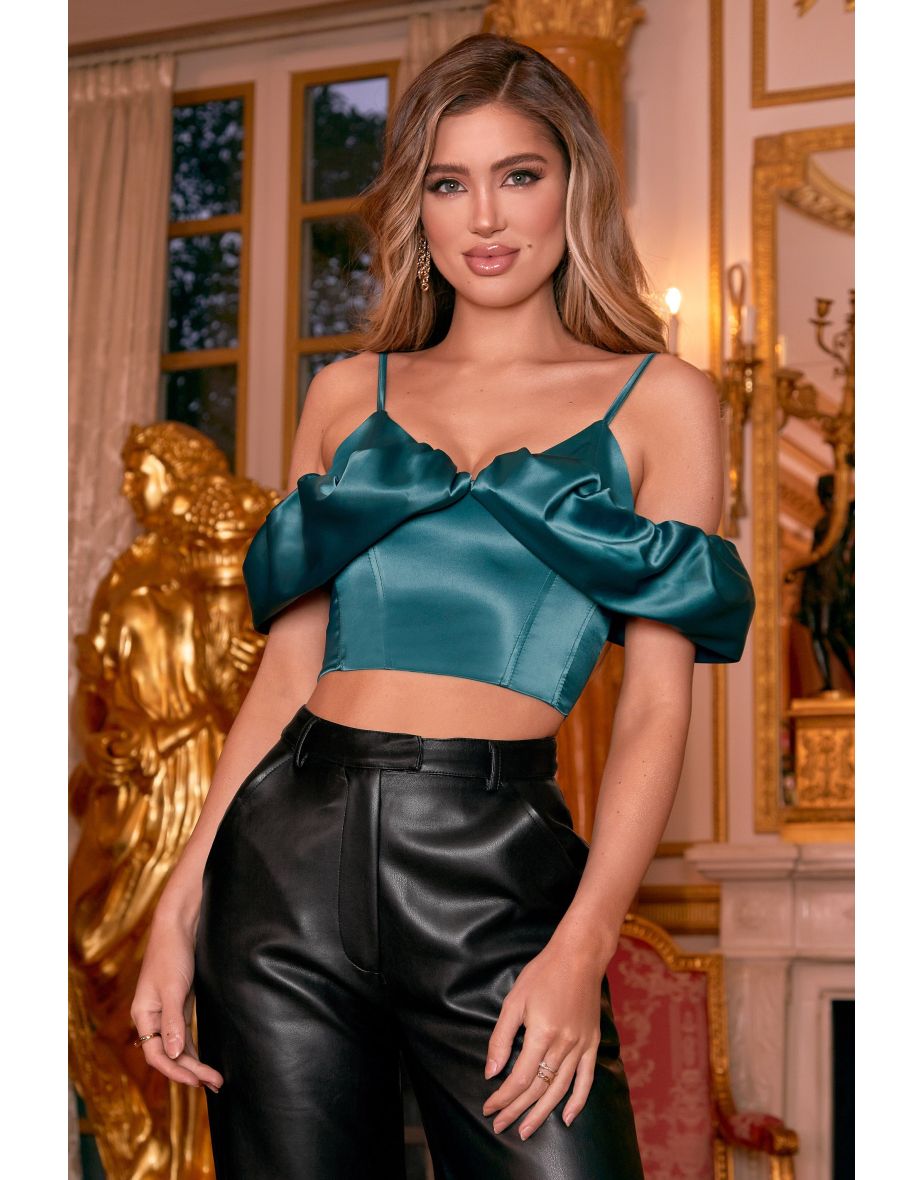 Bottle Green Premium Satin Ruffle Sleeve Cami Tops