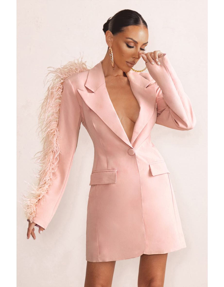 One In A Million | Pink Blazer Dress With Feather Trim Down One Arm - 4