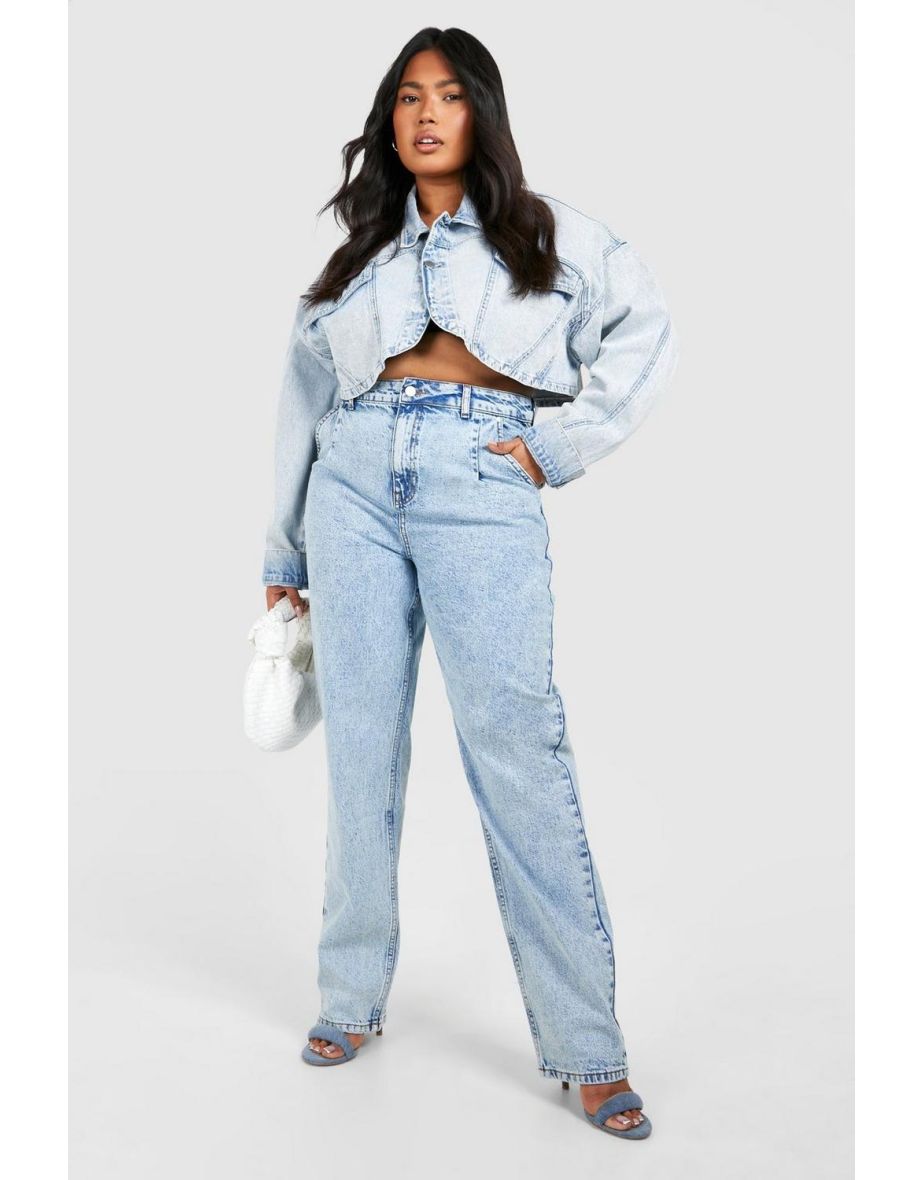 Plus Pleated At Waist Roll Hem Mom Jeans - acid wash light blue