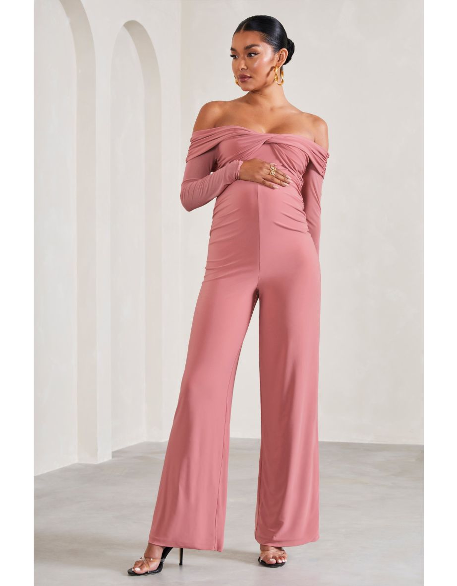Kyla | Blush Pink Ruched Bardot Long-Sleeved Wide-Leg Maternity Jumpsuit - 4