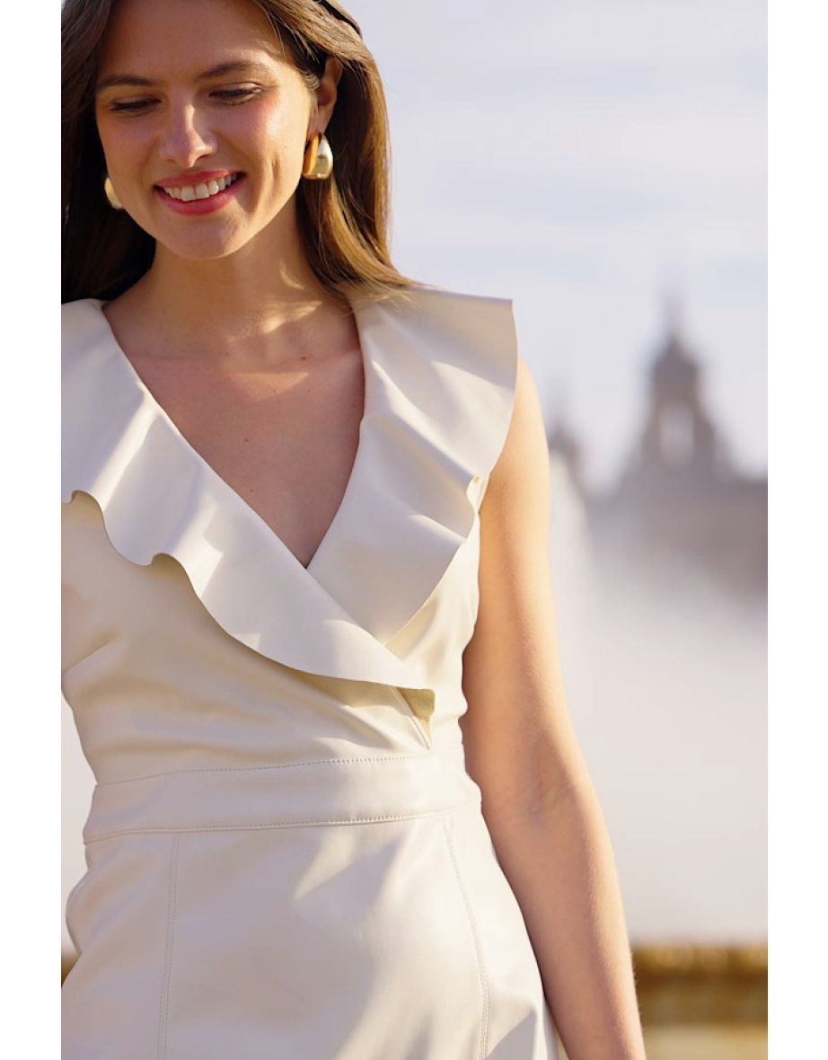 Ivory Faux Leather Ruffle Detail Pencil Dress - 1