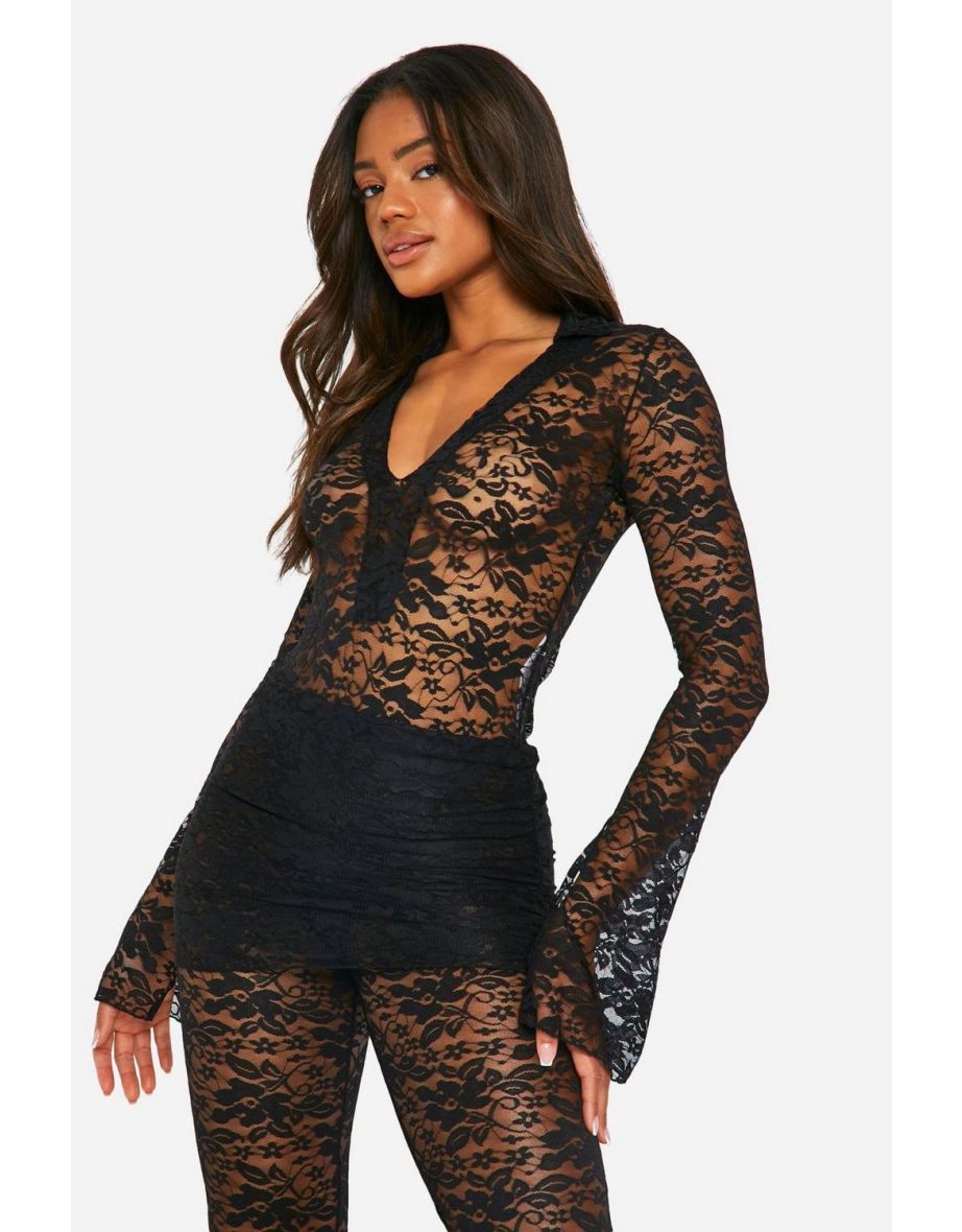 Lace Collared High Rise Bodysuit And Skirt Trouser Co Ord - black - 3