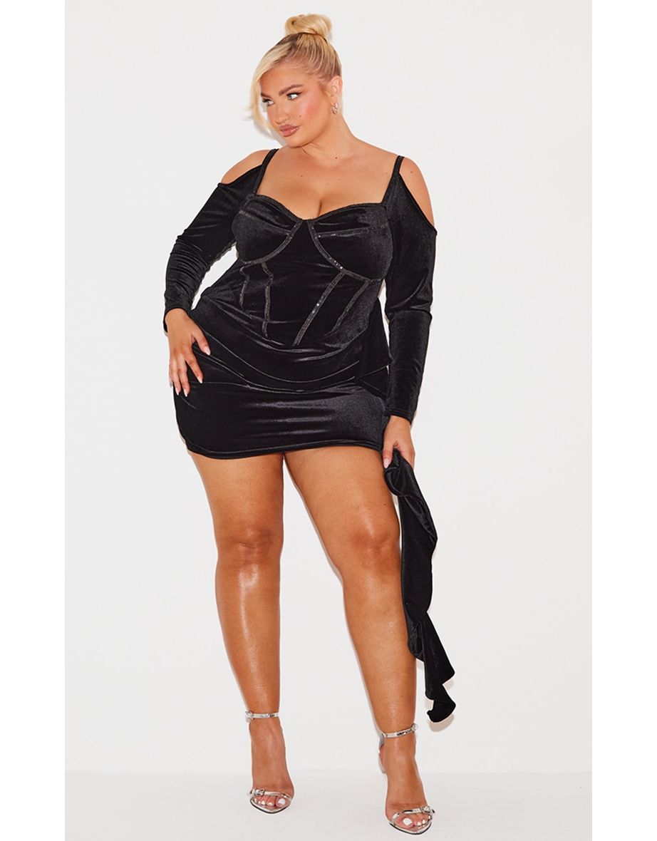 Plus Black Bardot Sleeve Seam Detail Velvour Mini Dress