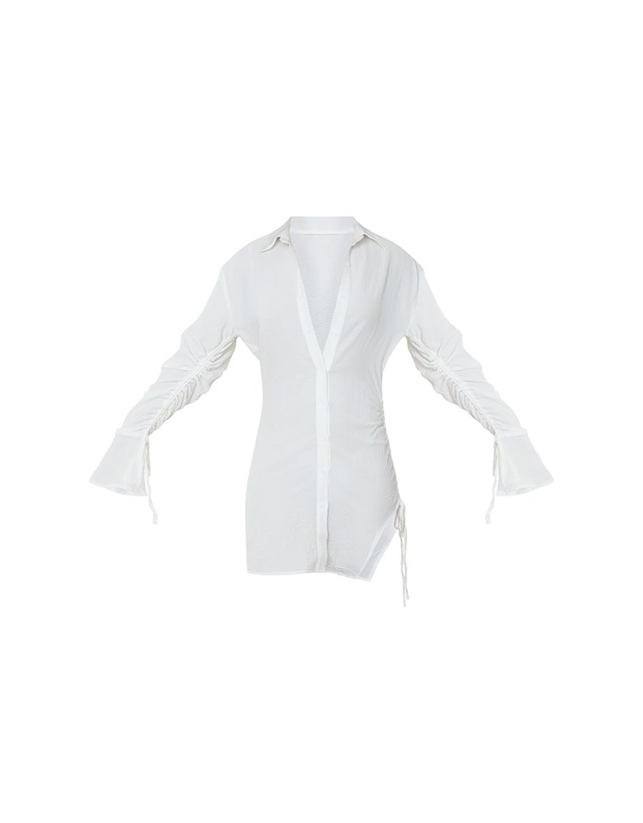 White Crinkle Ruched Detail Button Down Shirt Dress - 4