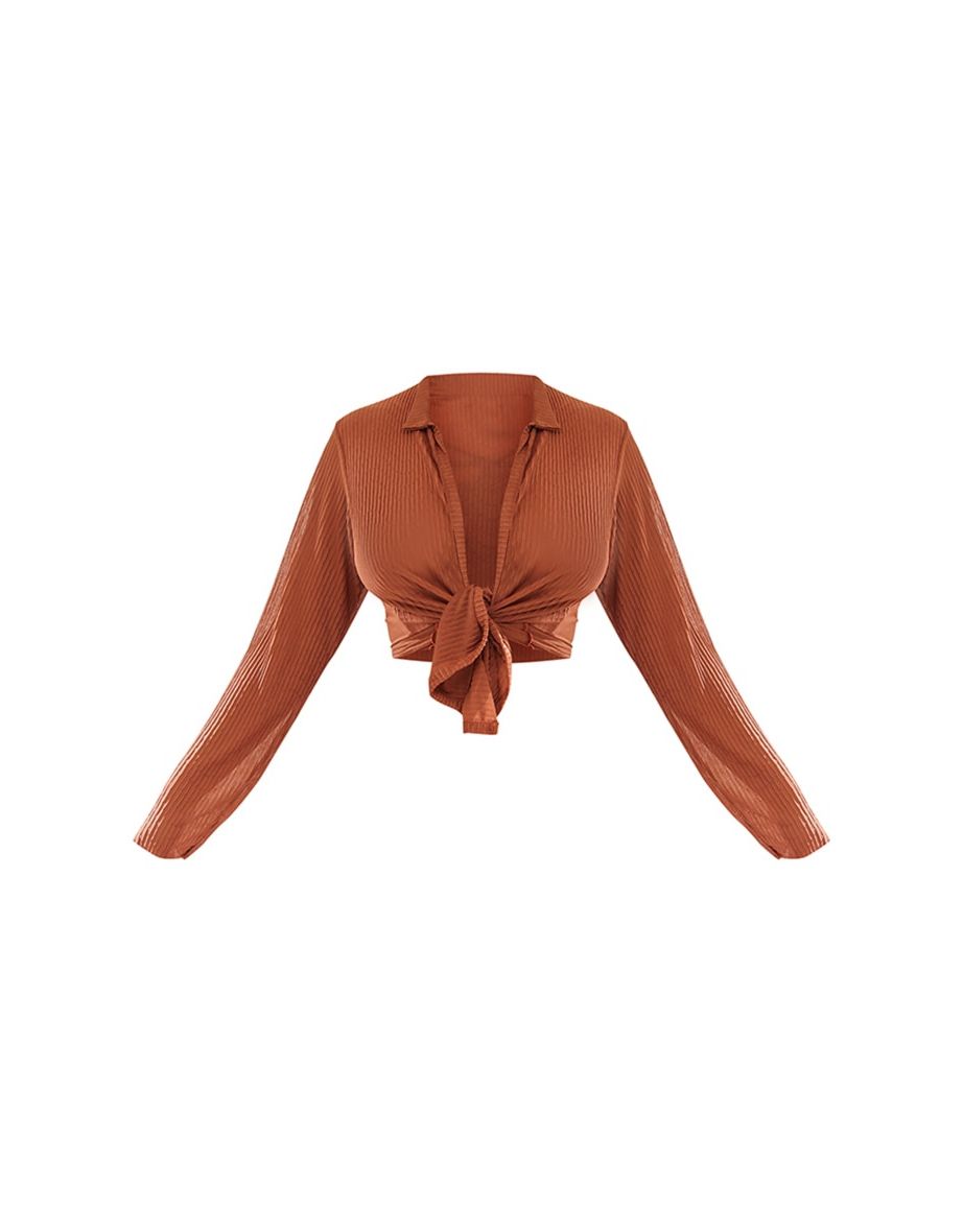 Plus Brown Sheer Plisse Knot Front Shirt - 4