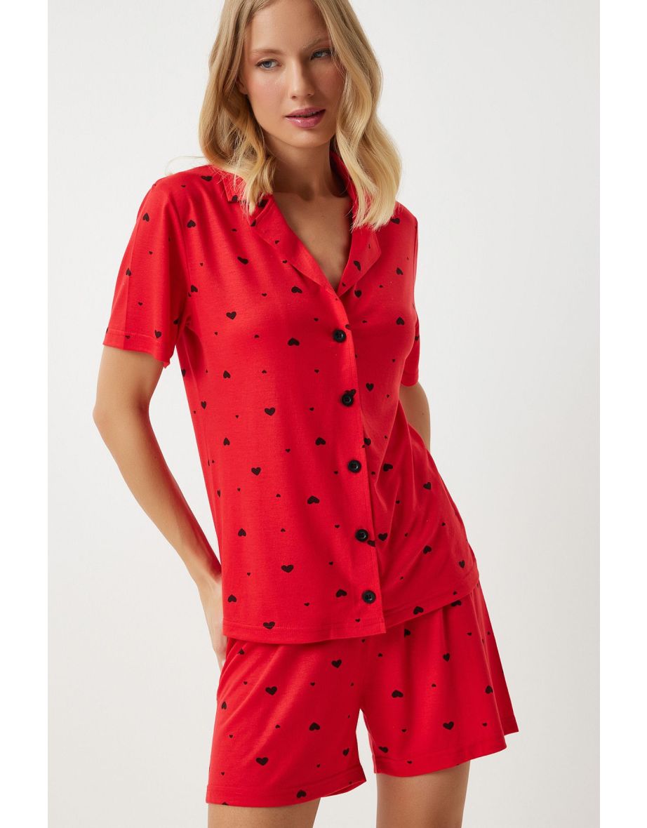 Women's Red Heart Viscose Shorts Shirt Pajama Set