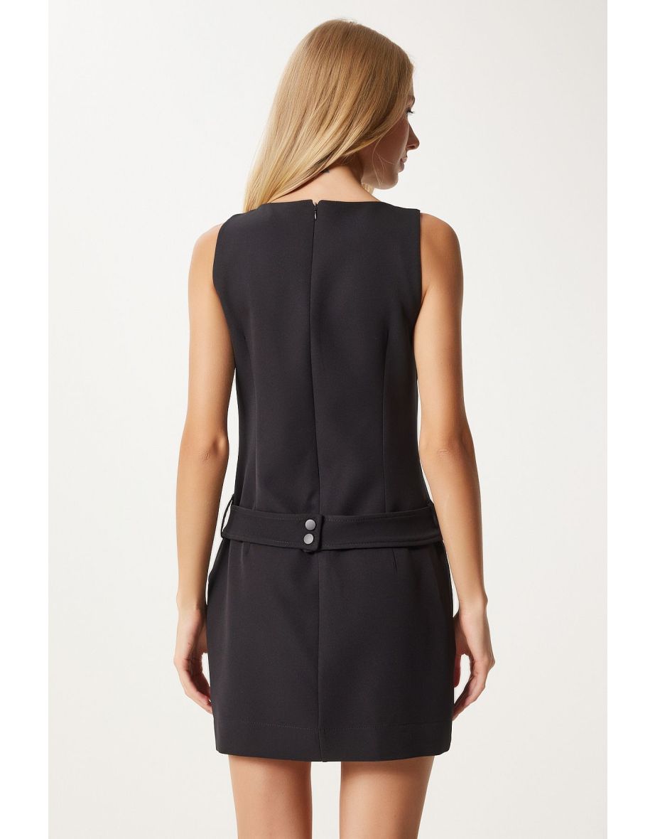 Women's Black Belted Woven Overalls Dress - 4