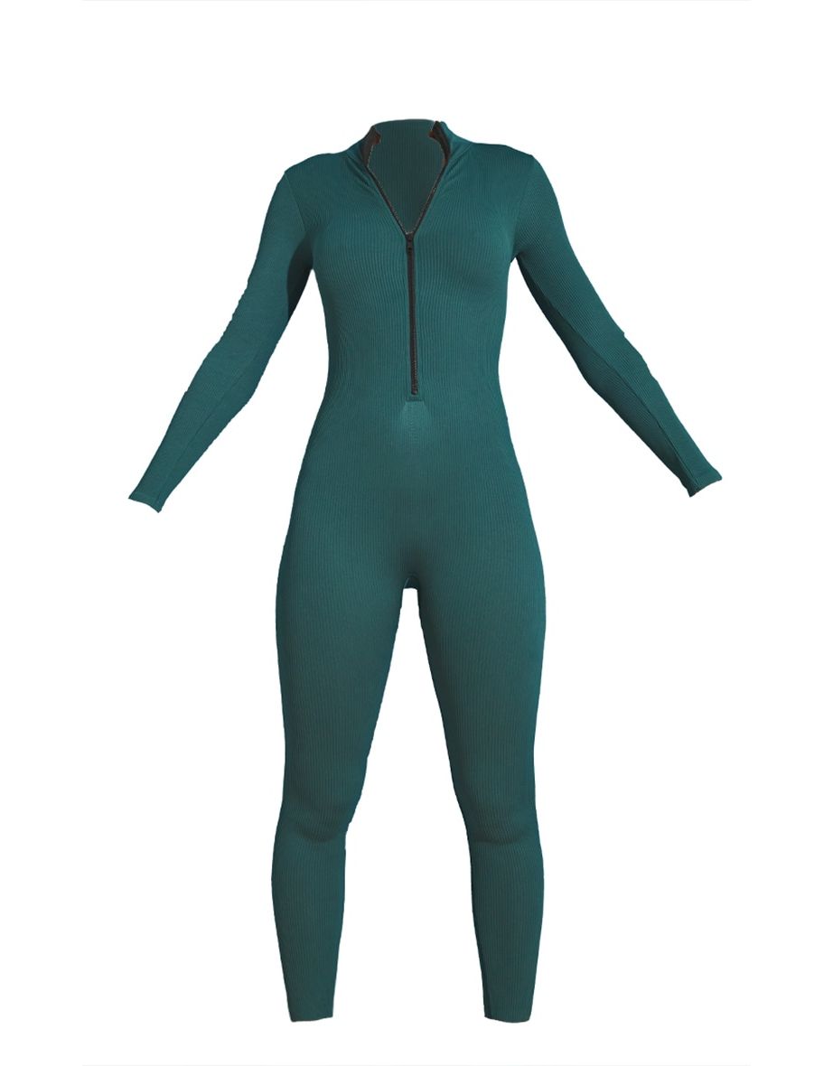 Forest Green Structured Contour Rib Zip Jumpsuit - 4
